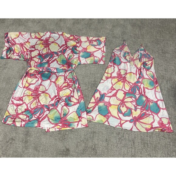 Natori Nightgown Slip Dress Robe Womens XL 1X White Pink Turquoise Silky Floral - Picture 10 of 12